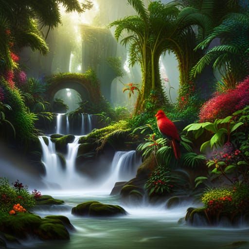 Jungle mist colorful birds early morning high detail