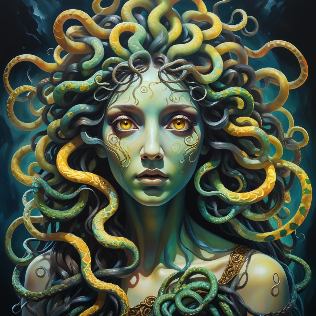 Medusa's Hypnotic Gaze: Surreal Oil Painting