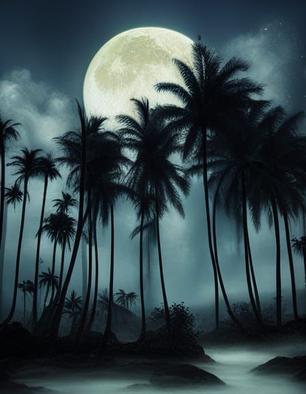 Tropical Island Huge Moon And Stars Palm Trees Soft Focus 1900s 