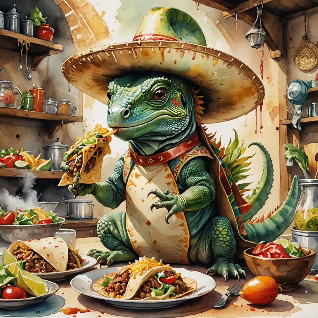 iguana wearing a Sombrero eating Taco. - AI Generated Artwork ...