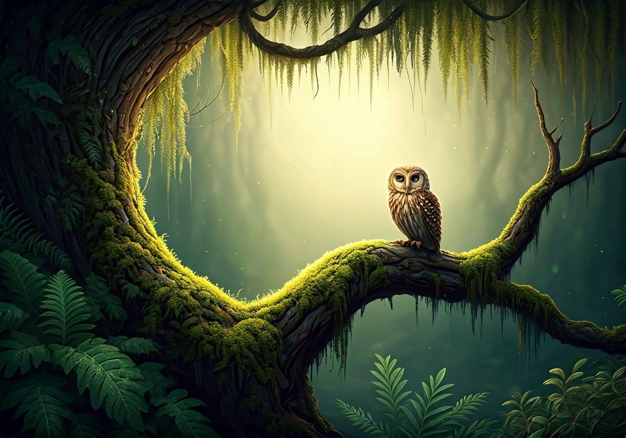 Mystical Owl in Dreamlike Digital Landscape