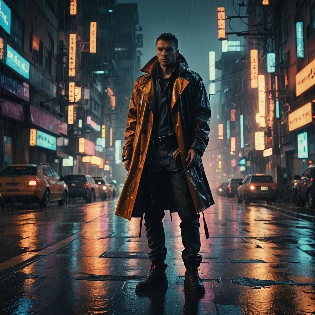 Medium shot of a male sci-fi protagonist in a cyberpunk city...
