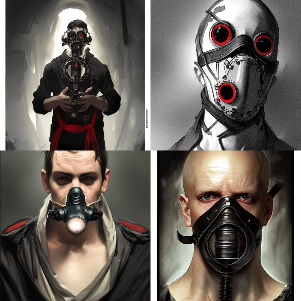 Male prisoner in a black straight jacket and black gas mask ...