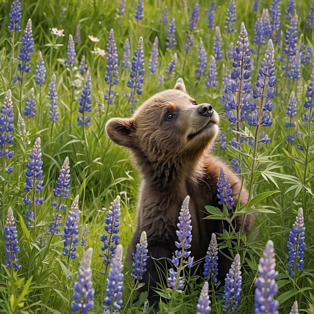 A cub lost in lupines  by @Corn Clay