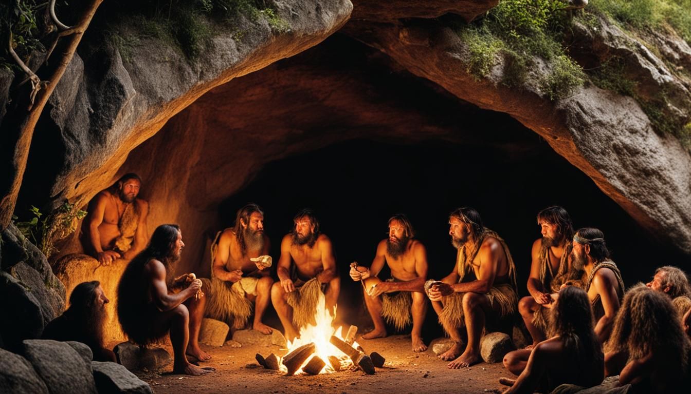 Men And Women From Neanderthal Era Gathering Around A Fire At The ...