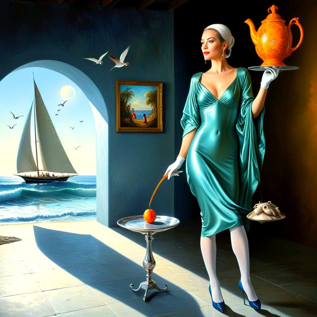 Surrealistic Portrait of a Happy Lady with Musical Instrumen...