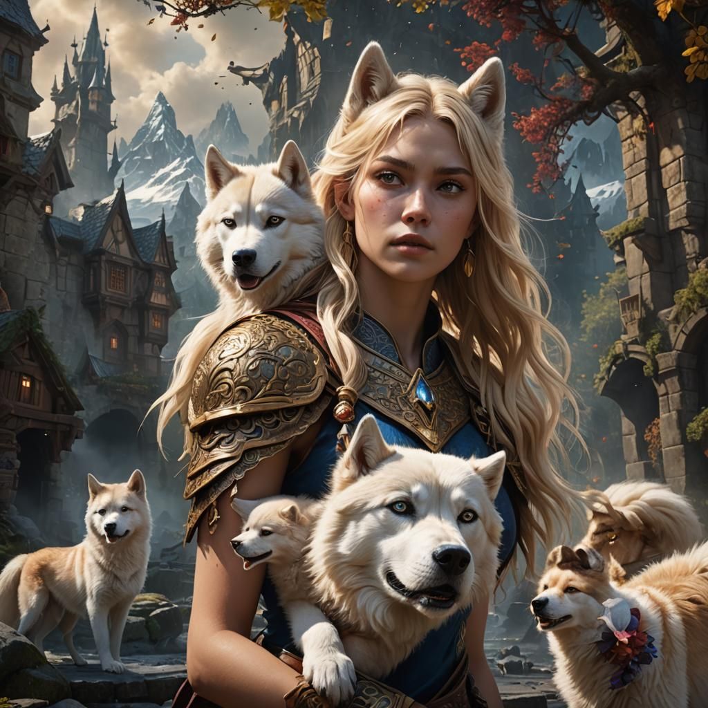 Une jeune femme aux cheveux longs et blonds foncés dort nue avec son husky  géant. - AI Generated Artwork - NightCafe Creator