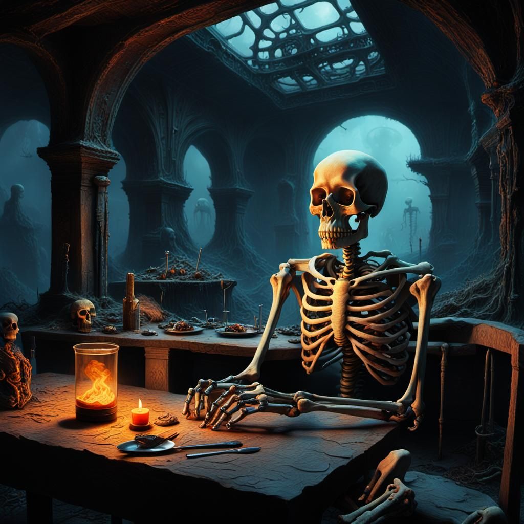 make a skeleton sitting at the table with his hand holding h...