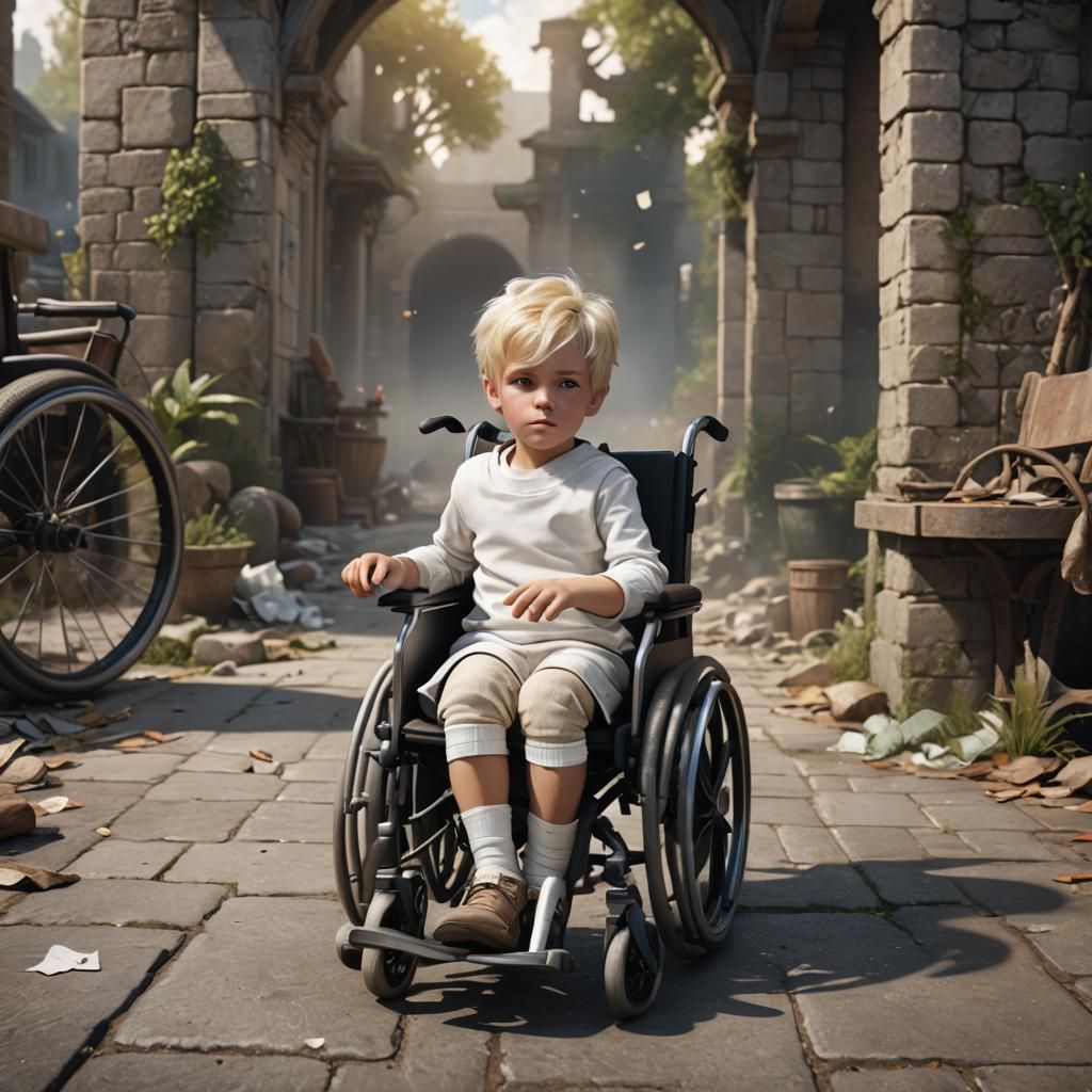 Blond Boy in Wheelchair as Detailed Matte Painting