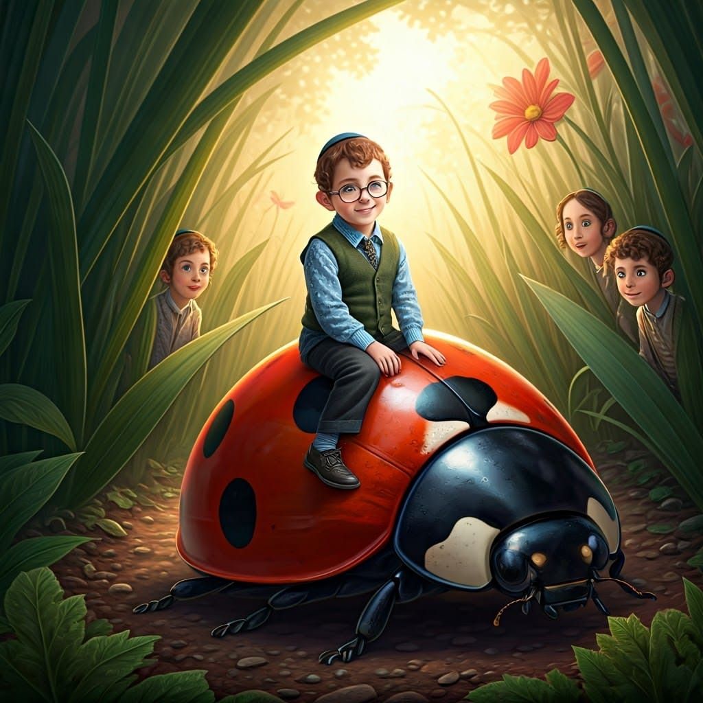 Confident Hasidic Boy Rides Giant Ladybug in Whimsical Garde...