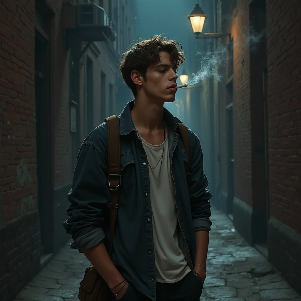 Young Man Smokes in a Moody Alleyway