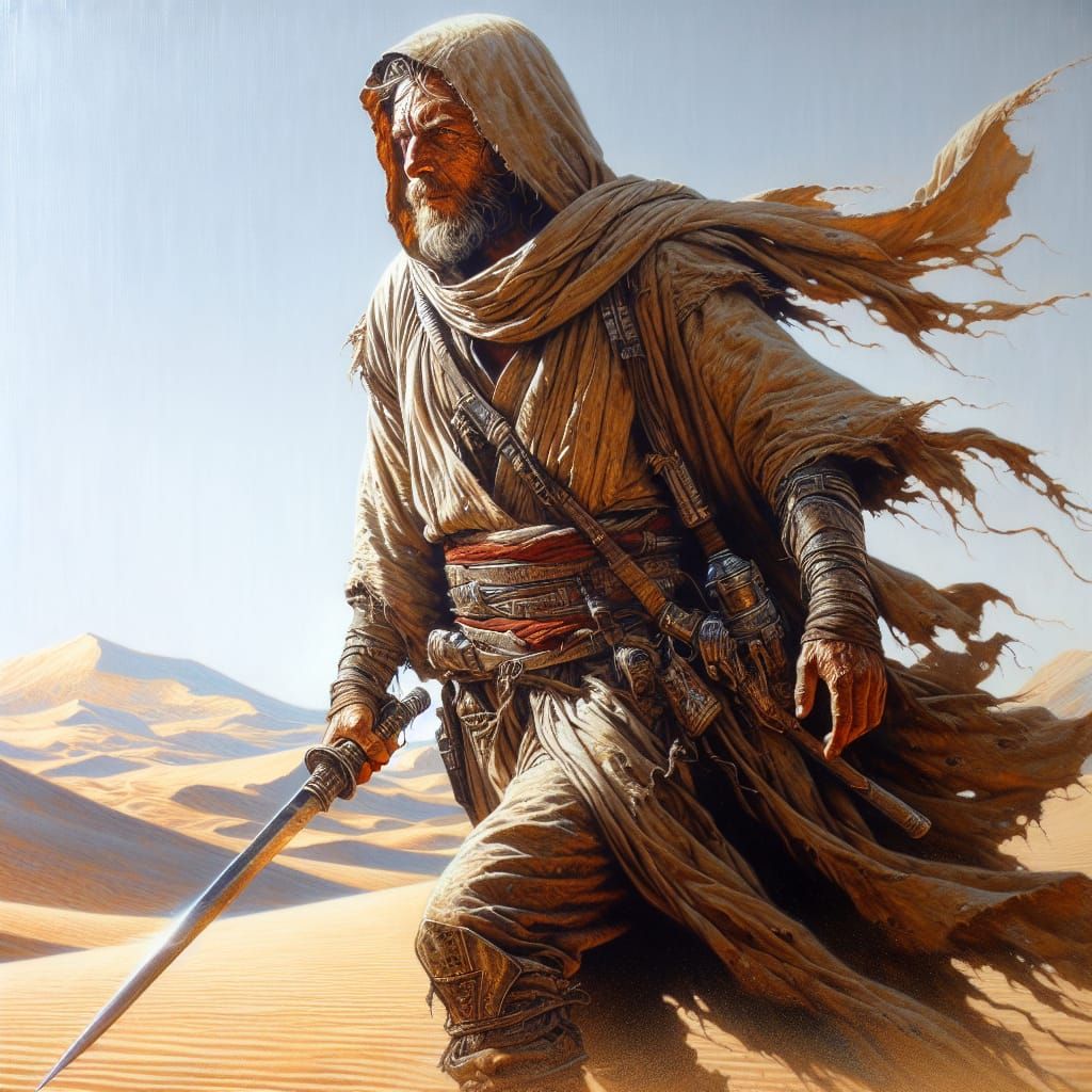 A fiercely rugged Paul Astreides Fremen warrior traverses the sandy ...