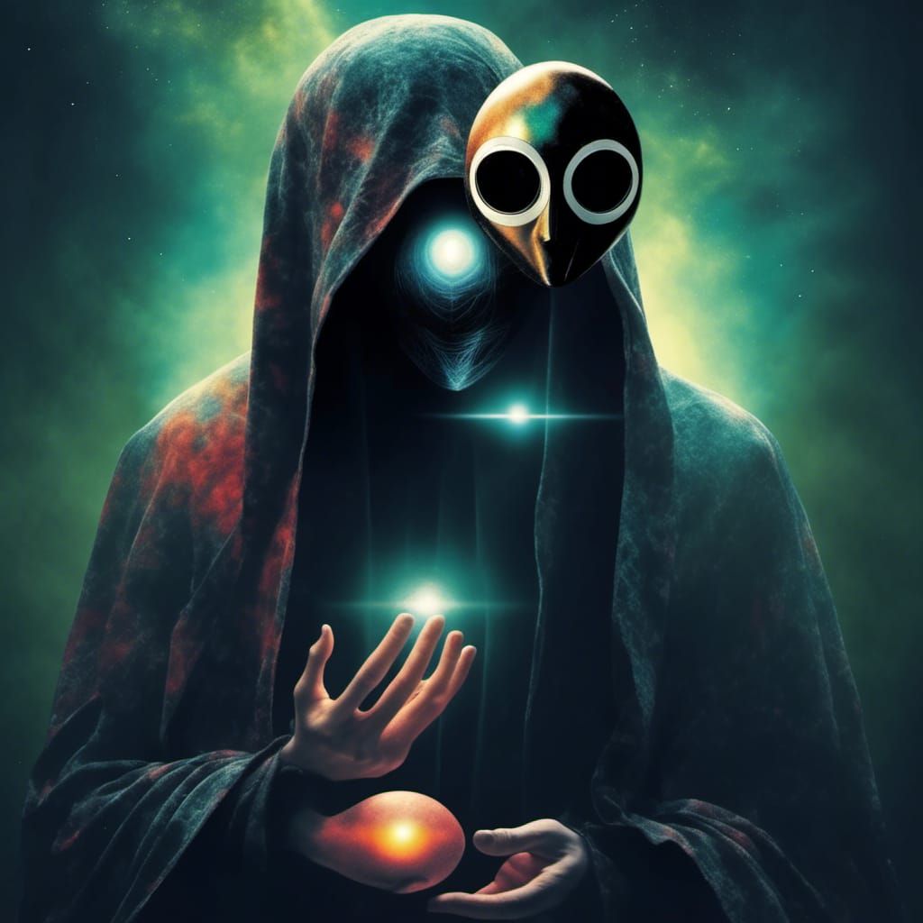 <lora:Mashup:1.0> An image for the cover of Philip Jose farmers and unreasoning mask showing a mysterious hooded figure whose face is a void...