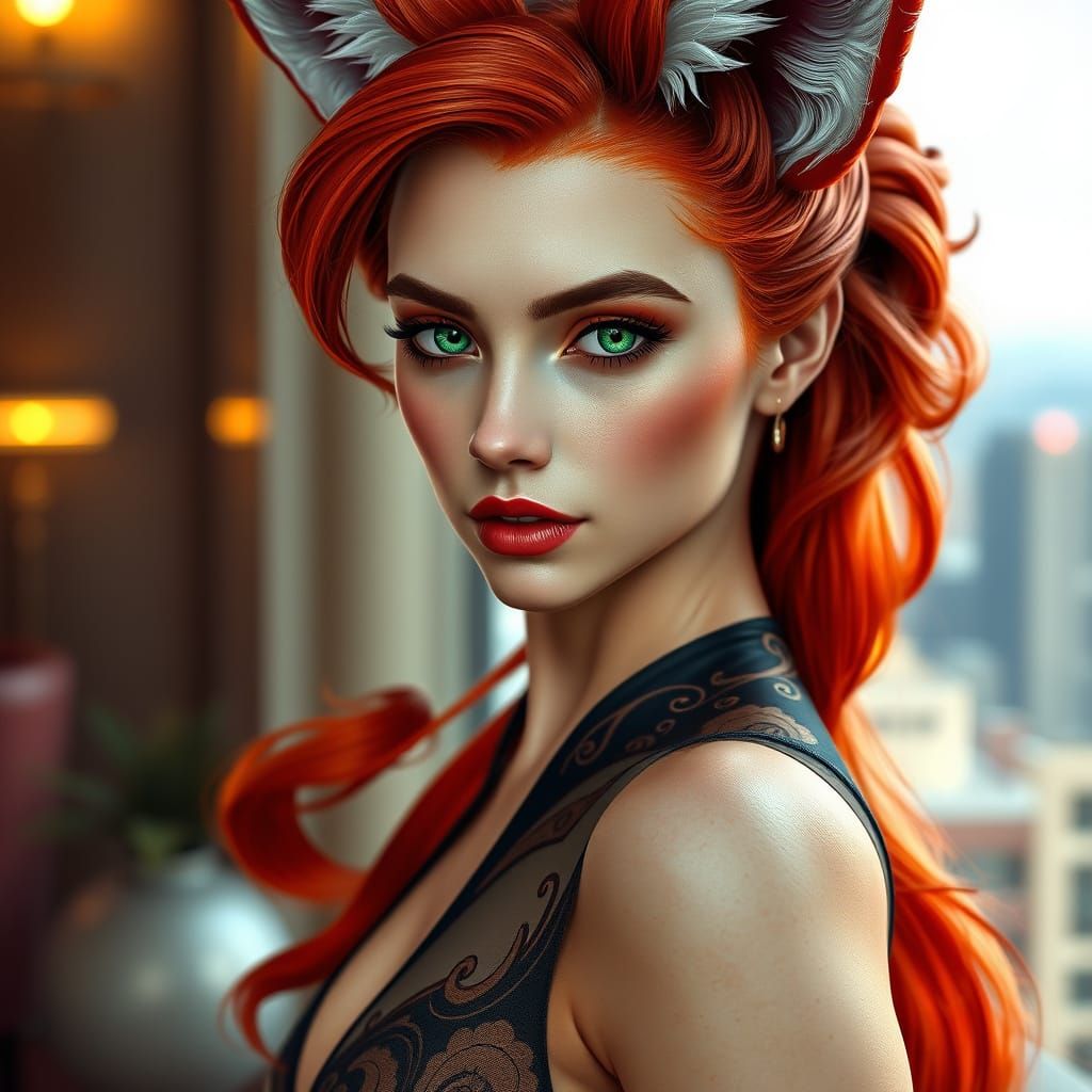 Stunning Art Nouveau-Inspired Fox Kitsune in Luxurious Penth...
