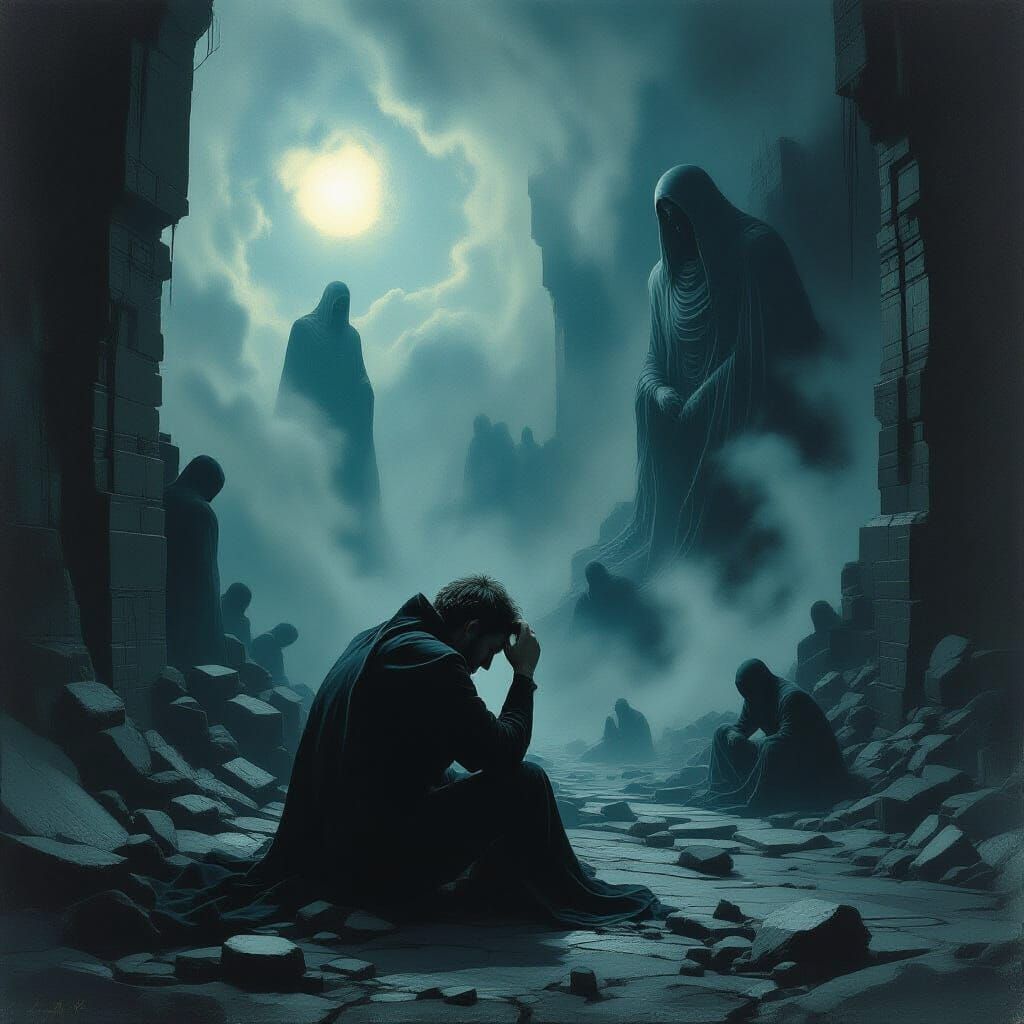 Distressed Men in Ominous, Surreal Landscape