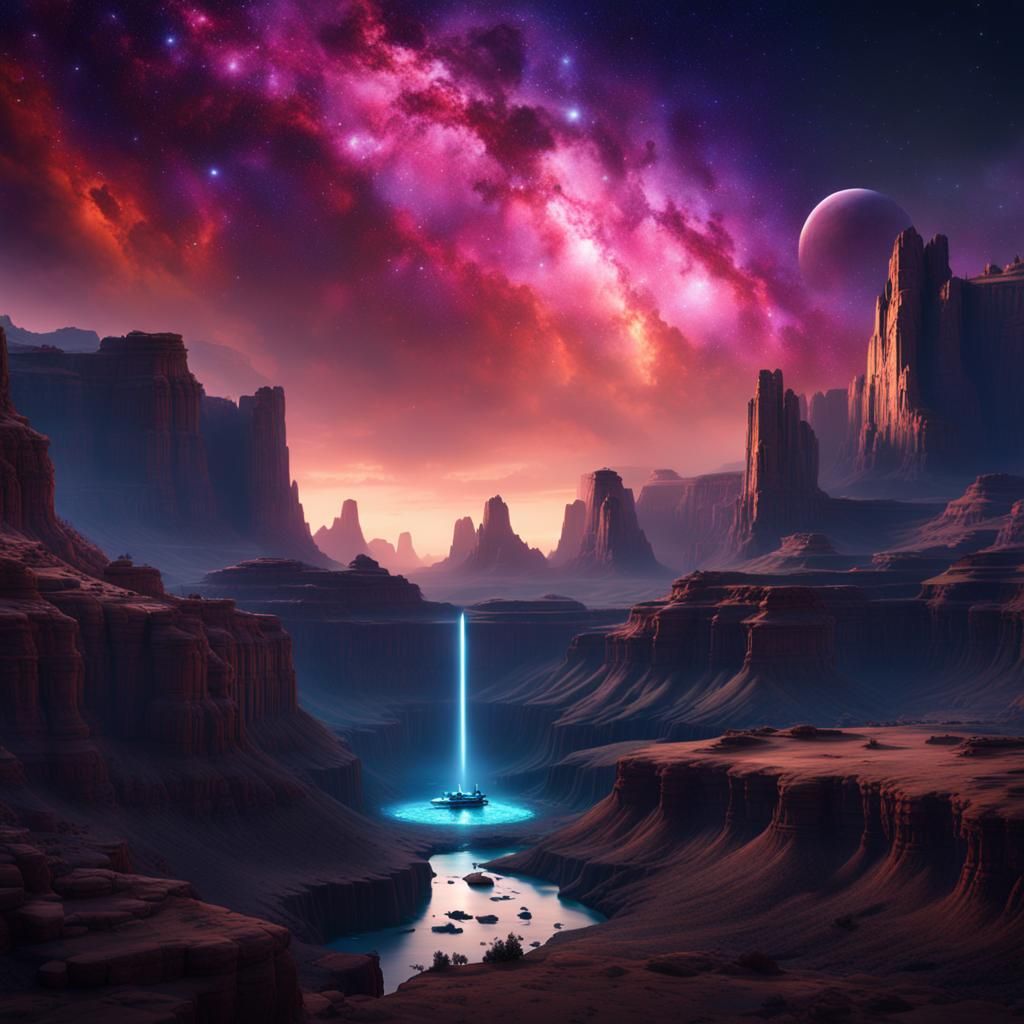 the Great canyon with a spaceship with gorgeous night sky an...