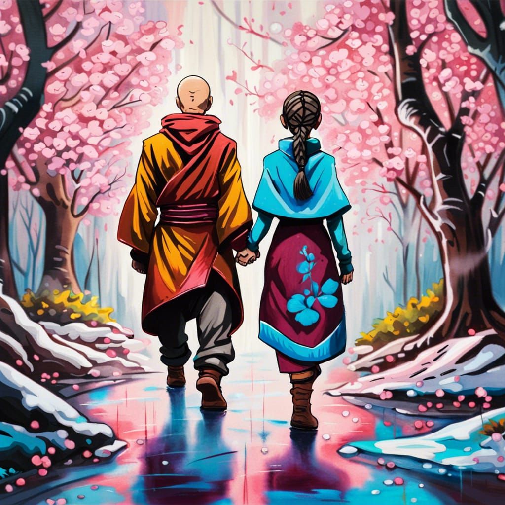 Katara and Aang on a romantic walk holding hands, surrounded by cherry  blossoms, in a wintery forest. - AI Generated Artwork - NightCafe Creator