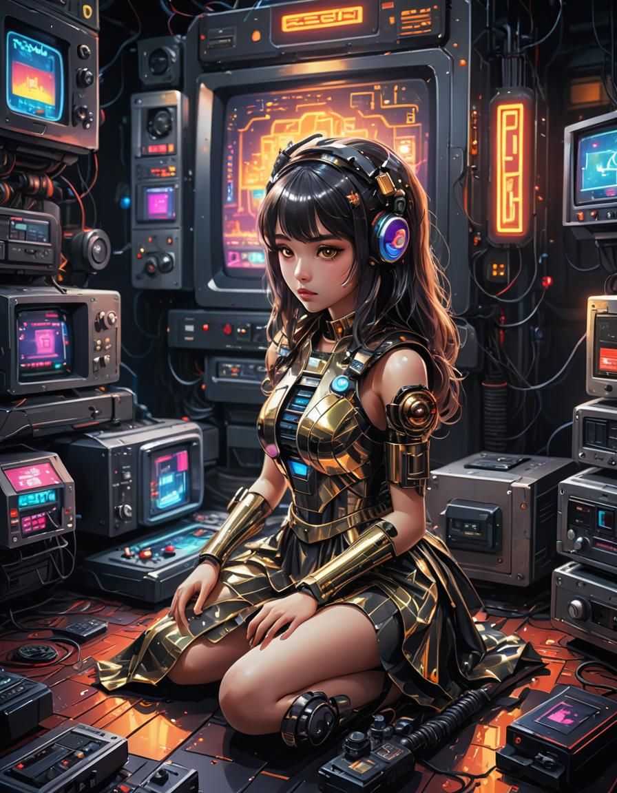 android robotic young girl, shiny metal surface, cute face, kneeling on the  floor, watching small tv, play game on 8-bit computer, use joyst... - AI  Generated Artwork - NightCafe Creator