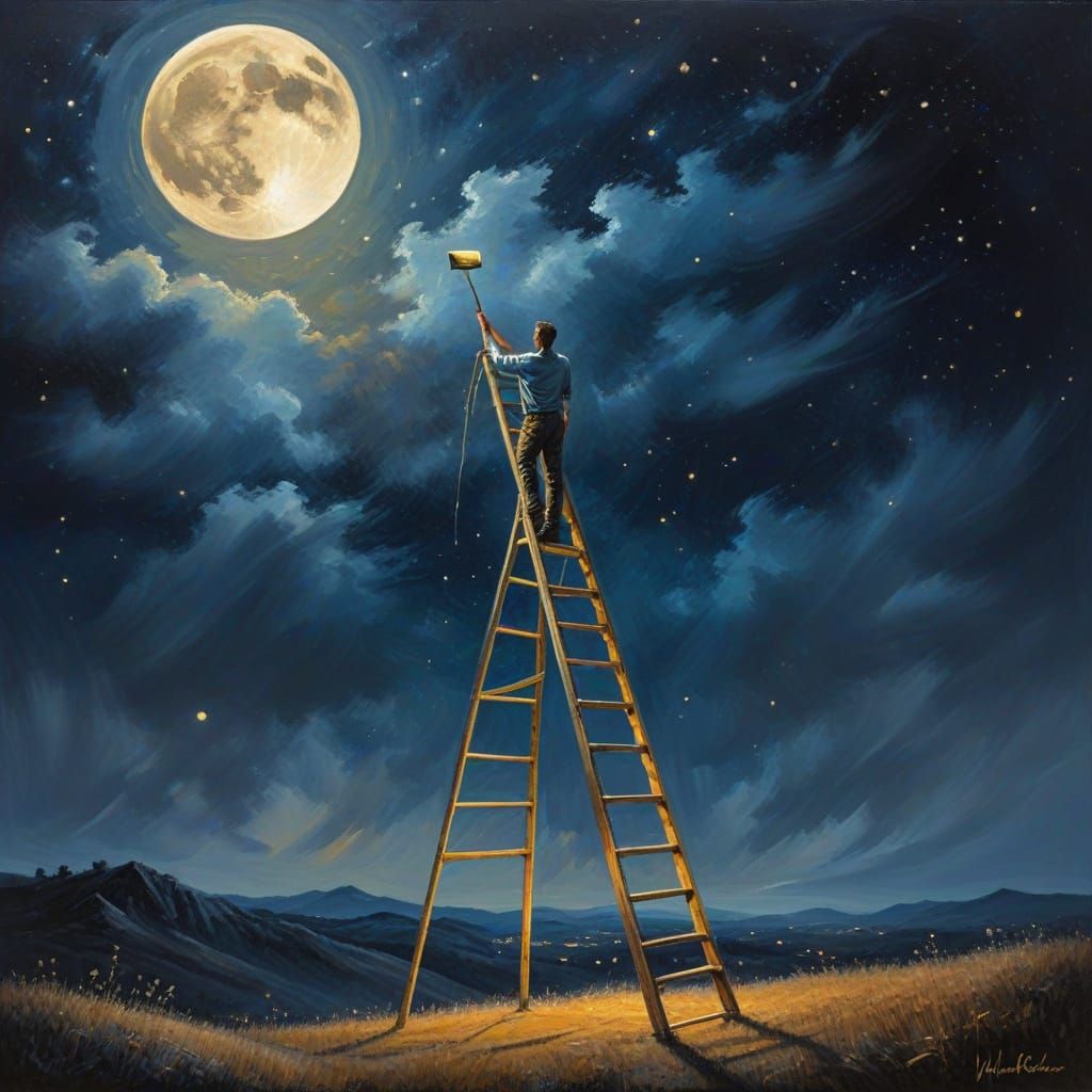 Man Paints the Moon: An Oil Painting