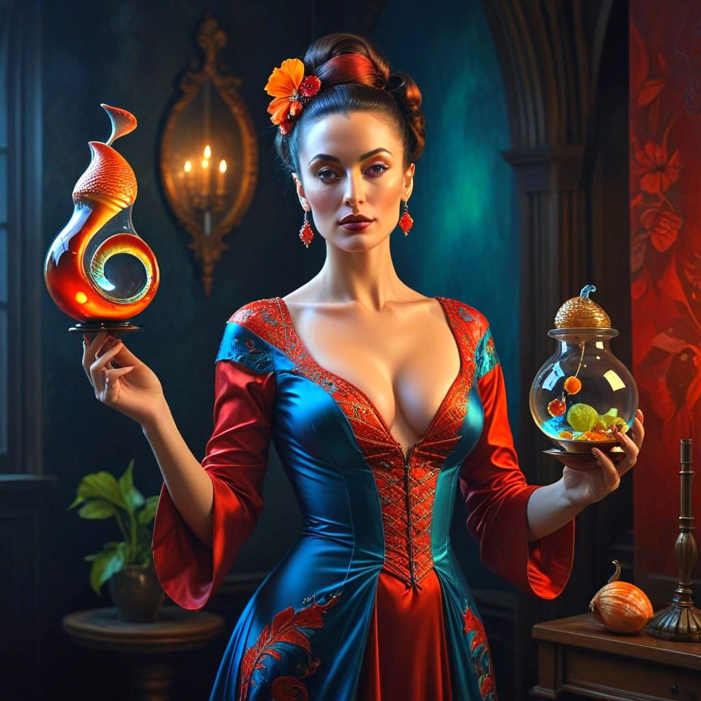 Surreal Portrait of Elegant Woman in Vibrant Scene