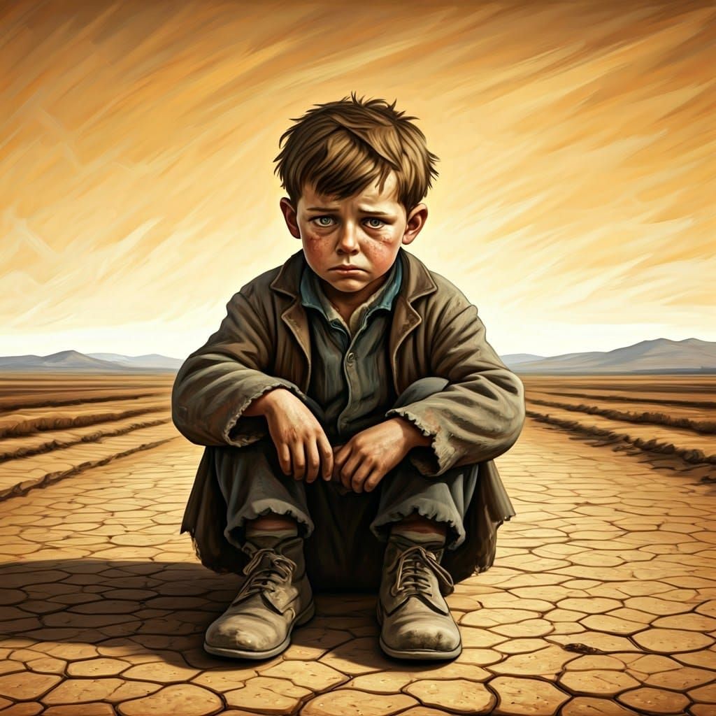 A Young Boy's Despair in a Harsh Landscape