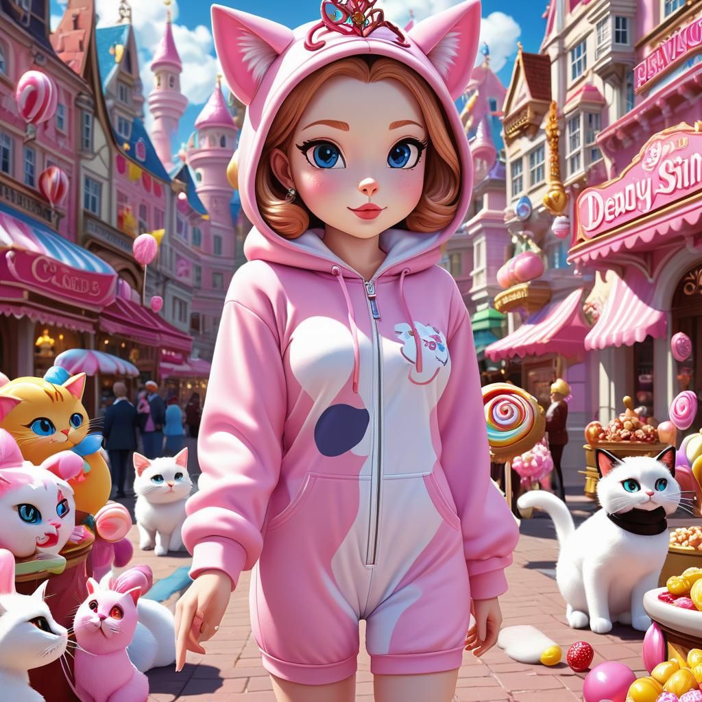 princess in kitty Onesie in town square Candy