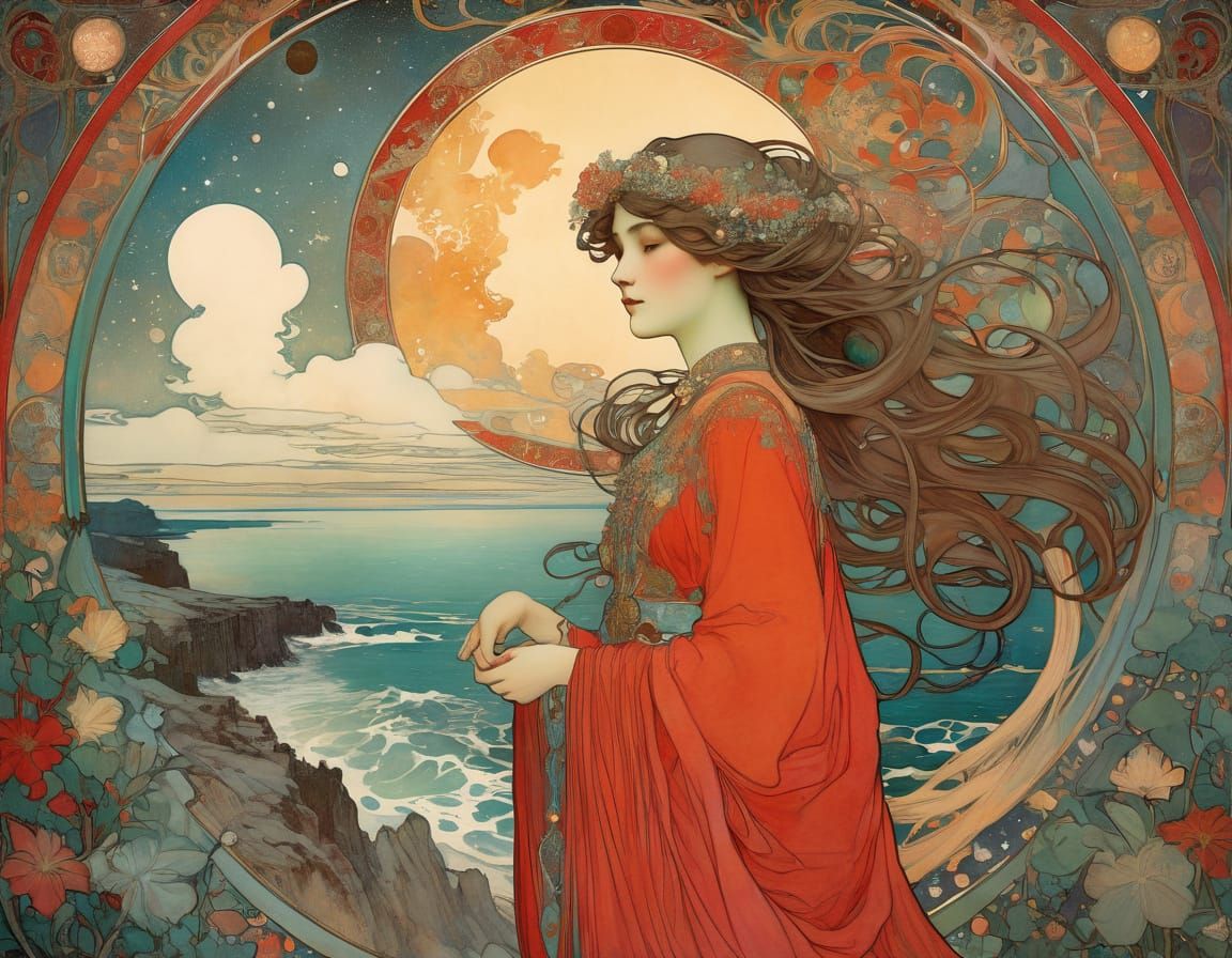 In the style of H.R. Giger, Alphonse Mucha, Warwick Goble, Gustav Klimt, Gustave Moreau, black