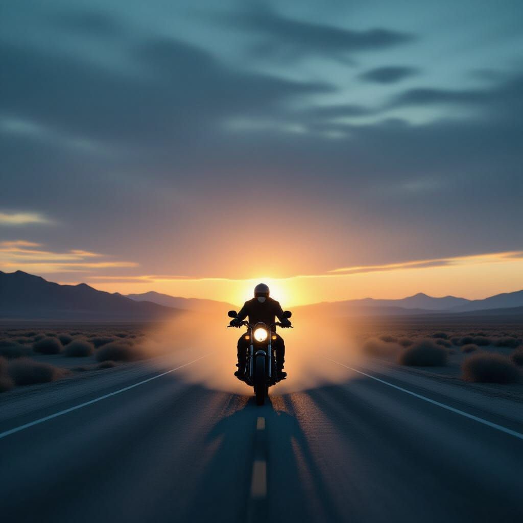 A lone motorcycle rider, silhouetted against a desolate, dust-choked highway under a bruised twilight sky. The rider's form is indistinct, a...
