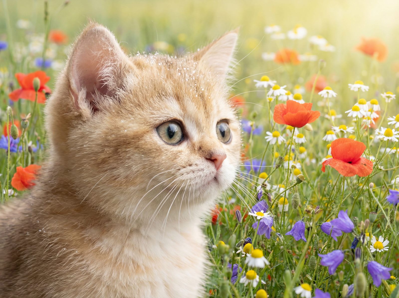 Cute Blond Kitten With Dewdrops and Flowers