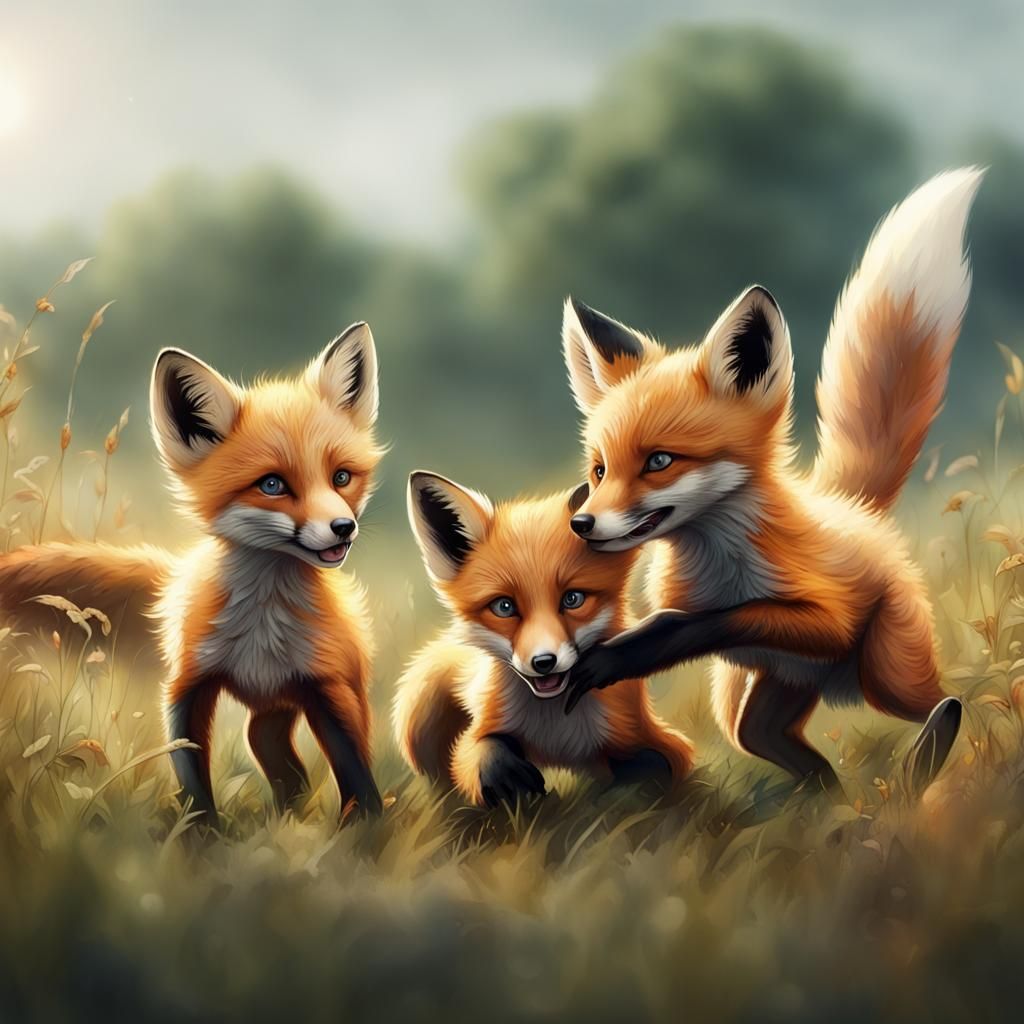 3 cubs foxes playing in a field. - AI Generated Artwork - NightCafe Creator