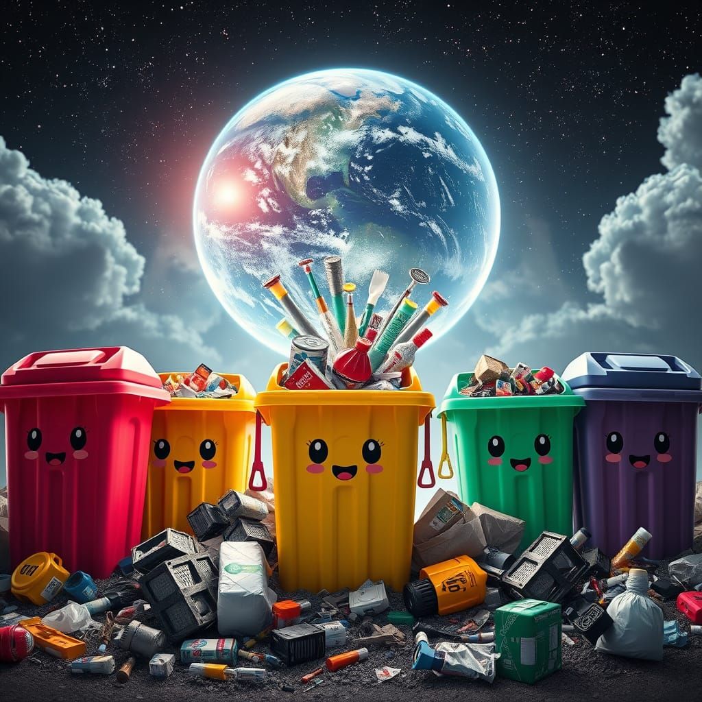 Recycling Bins with Cartoon Faces and Chrome Earth