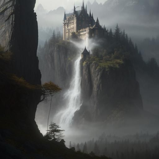 Beautiful misty mountain landscape, castle, fairy, head and ...