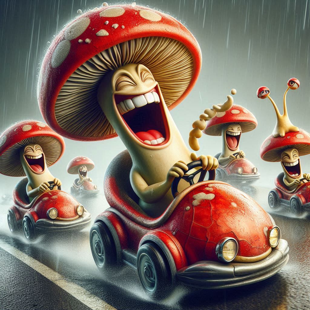 the crazy mushroom races in a car in the shape of a snail and beats the other participants laughing madly