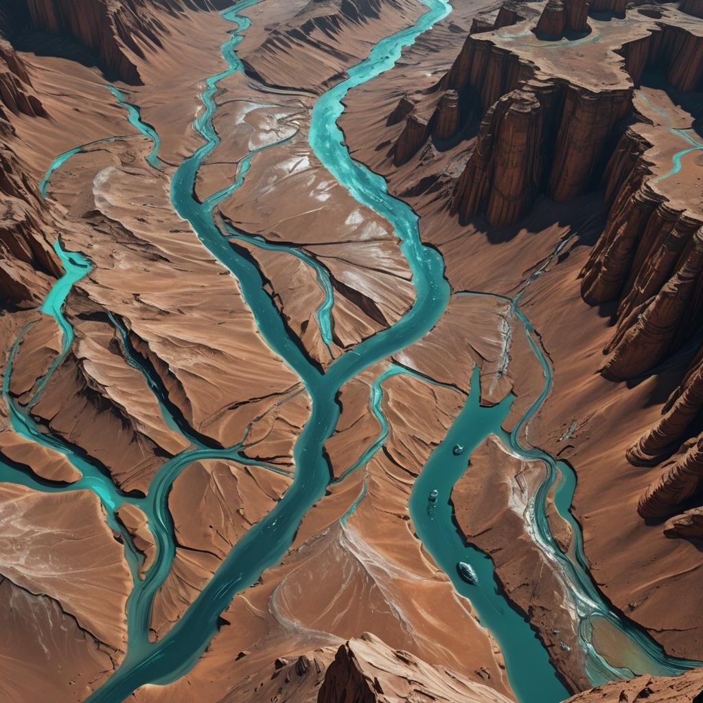 a turquoise river flows along the bottom of the Valles Marin...