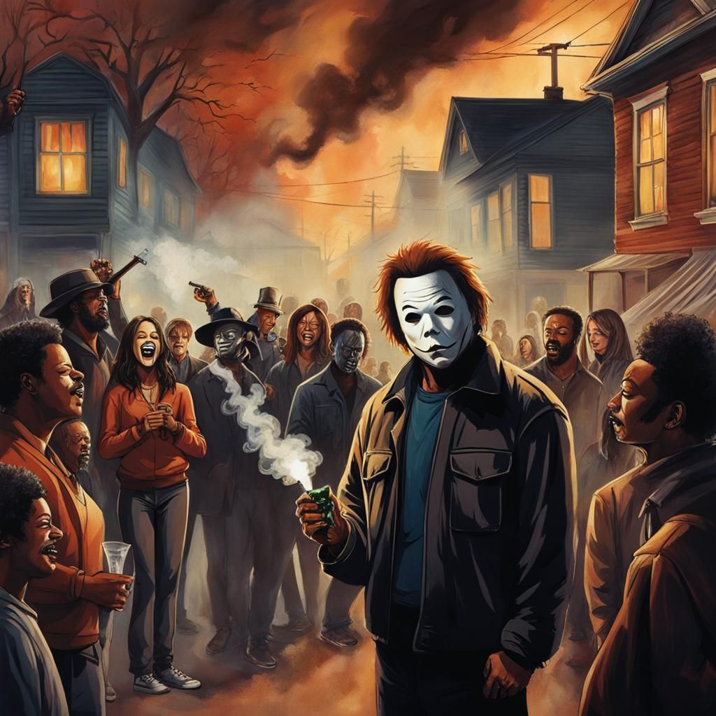 Micheal myers smoking a bong with lots of people around laug...