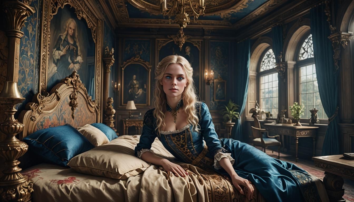 a blue-eyed, blonde girl lies on a rich bed in a mansion, 16...