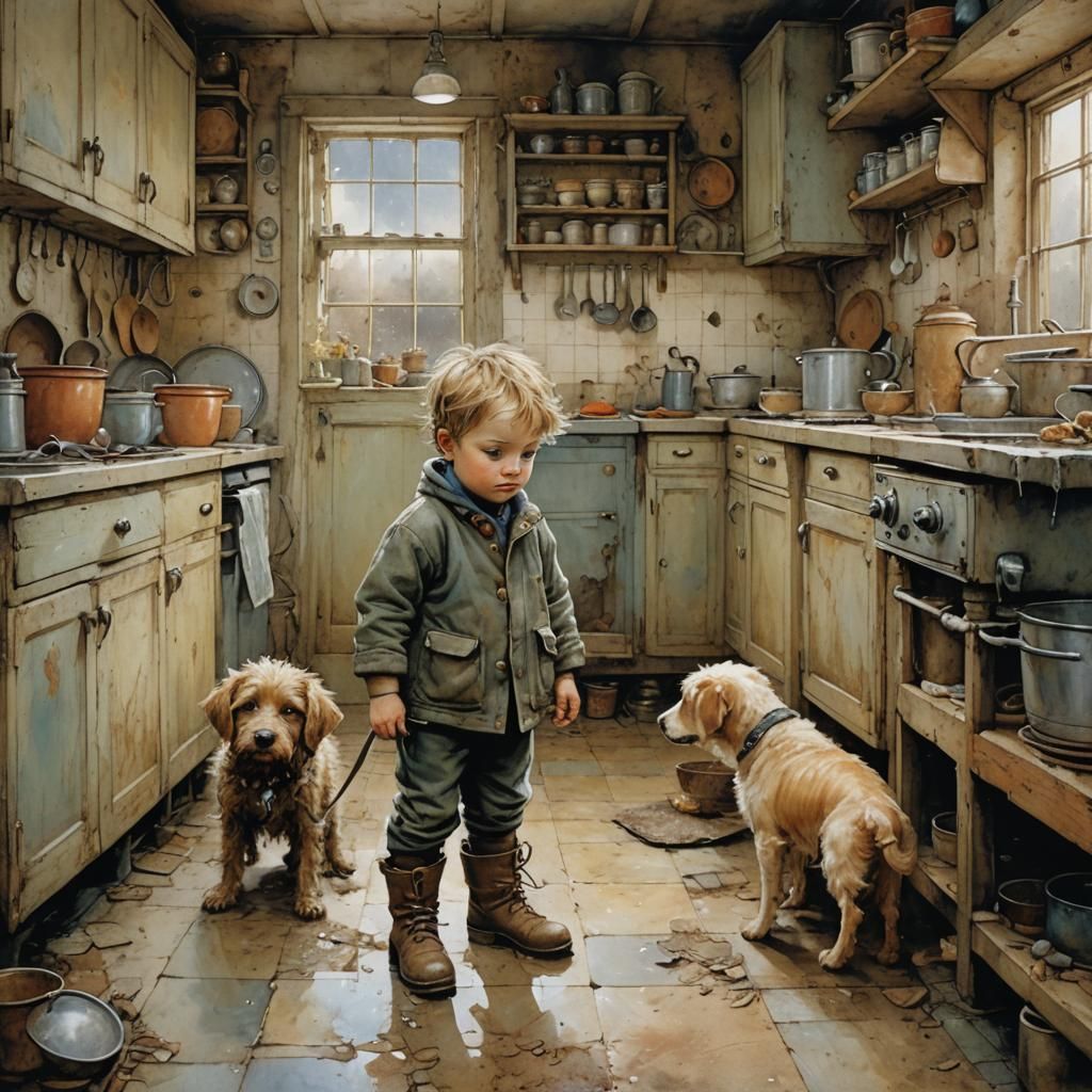 the toddler boy stands in the kitchen with dirty wet boots a...
