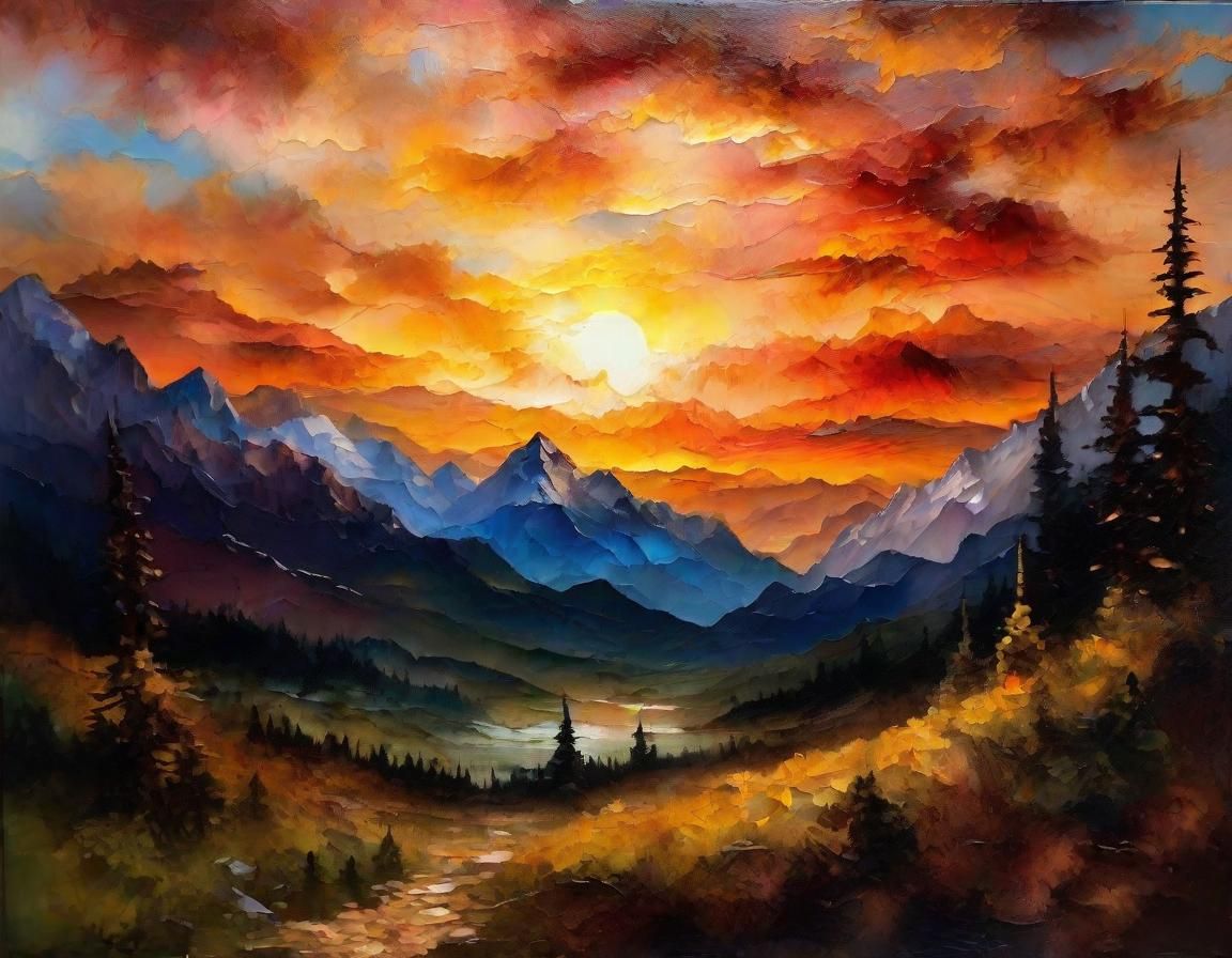 Majestic Mountain Range at Sunset: Neo-Impressionist Oil Pai...