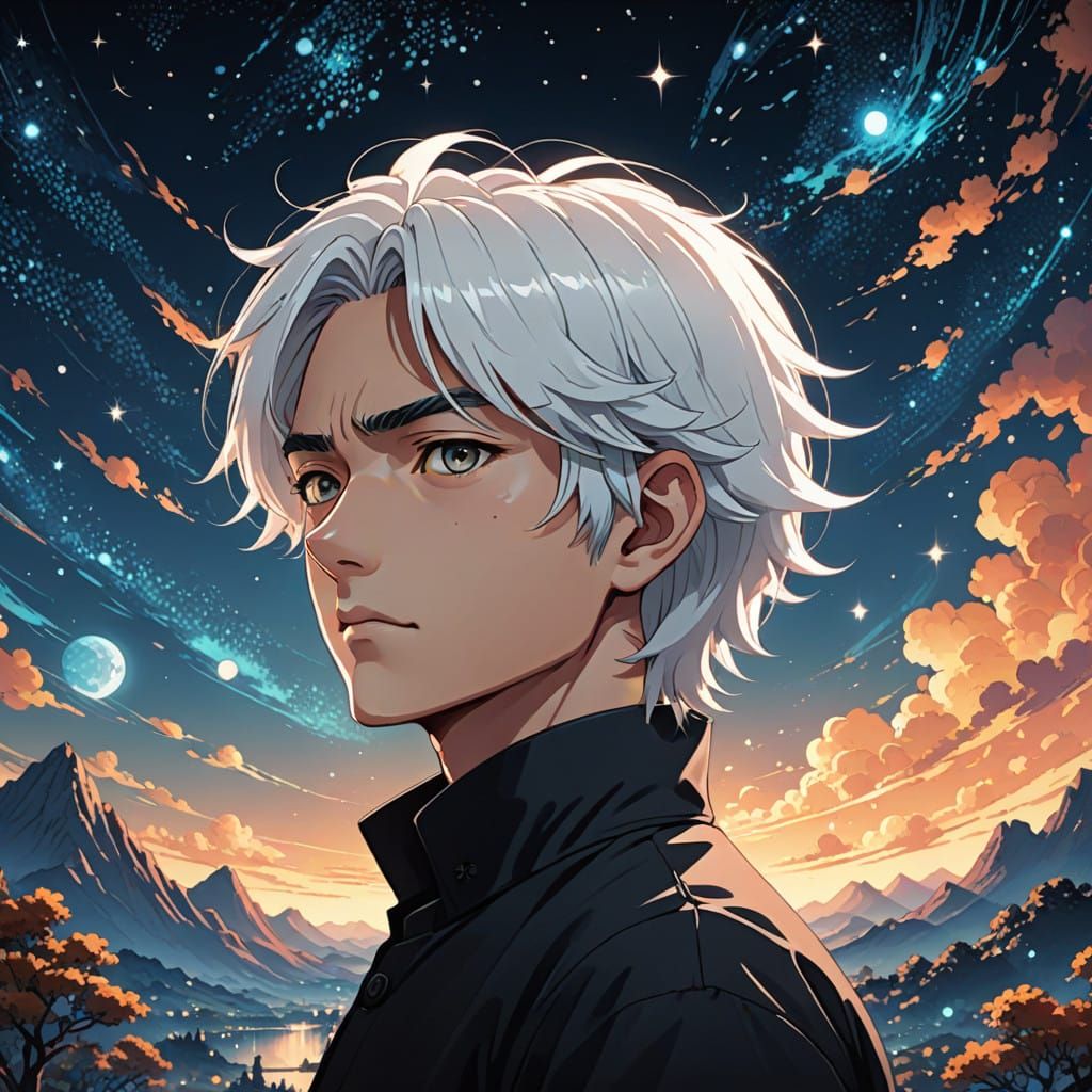 Sleek Anime Boy Radiates Under Starry Night Sky