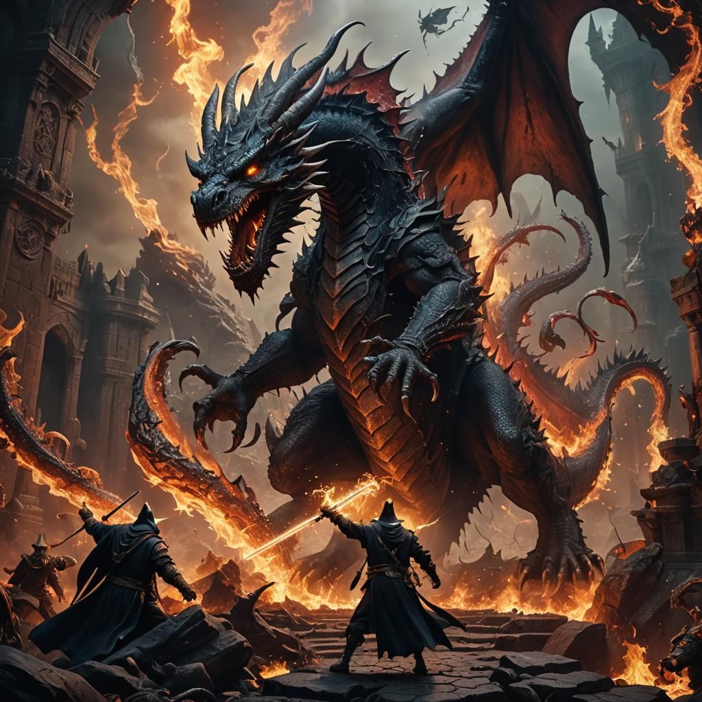 a wizard fighting a dragon in hell