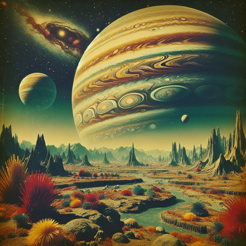 1970 TV show vista of an alien landscape with Jupiter in retrograde and visible 