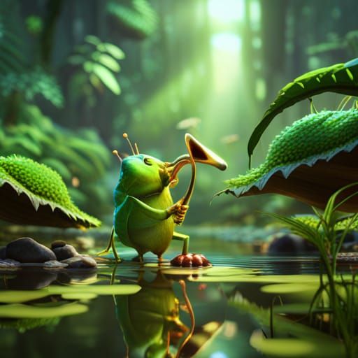 pet lighting bugs playing trumpet in a swamp ,shiny glossy ,uhd,12k ...