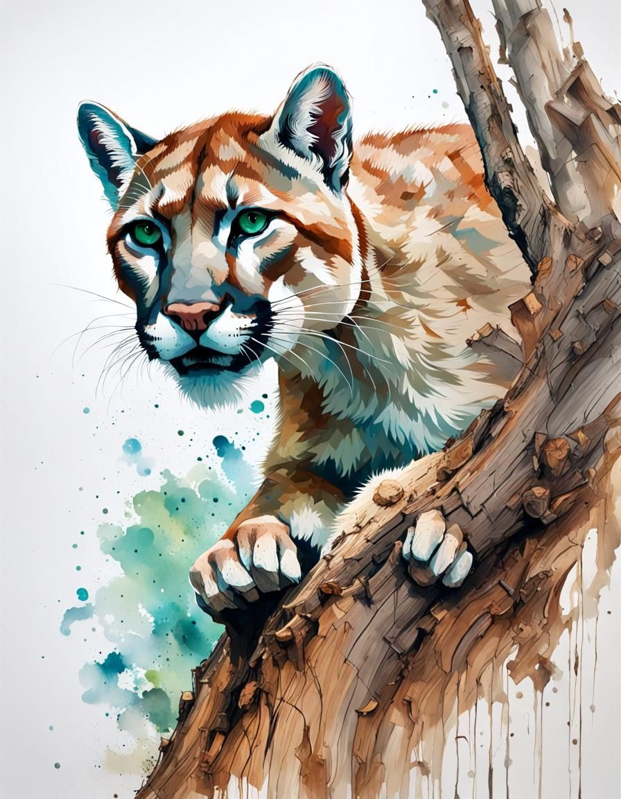 Portrait of a nosy cougar, tree stump