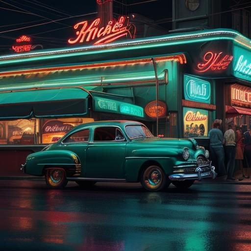 1950's street scene, classic cars parked in front of old din...