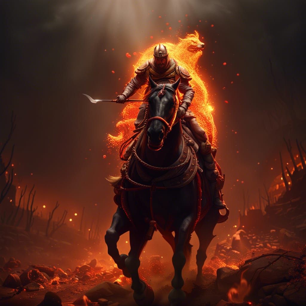 Knight on a horse riding through hell