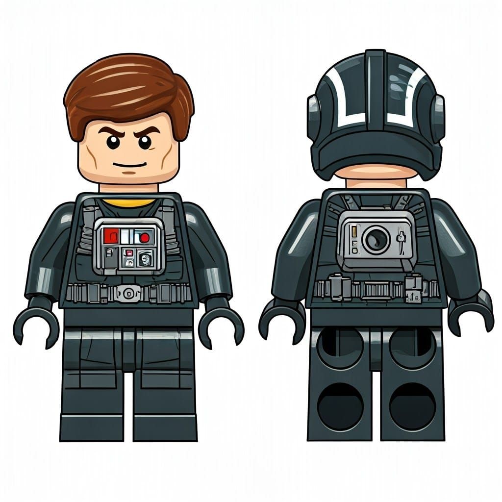 A design color image of a lego star wars minifigure of a science fiction pilot with front, back and side views