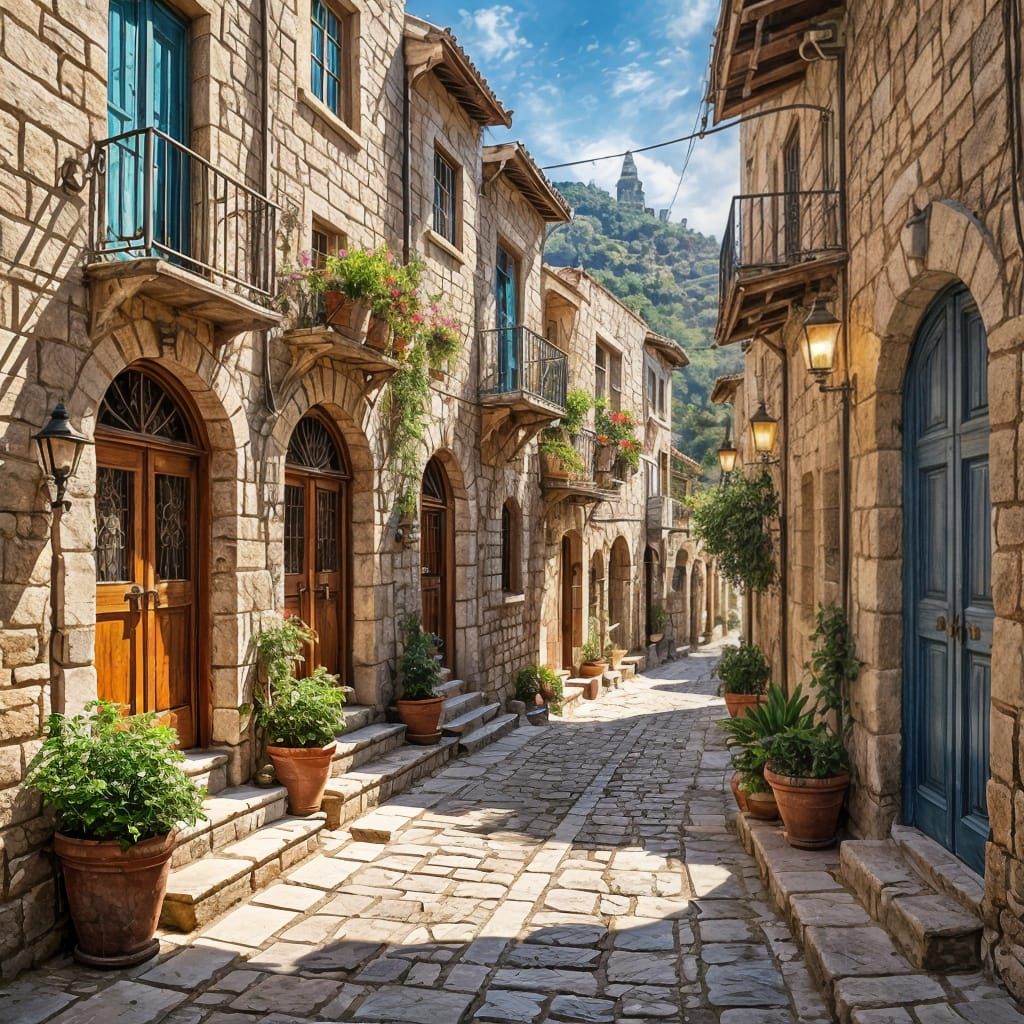 Magical Watercolor Street Scene in Ancient Safed