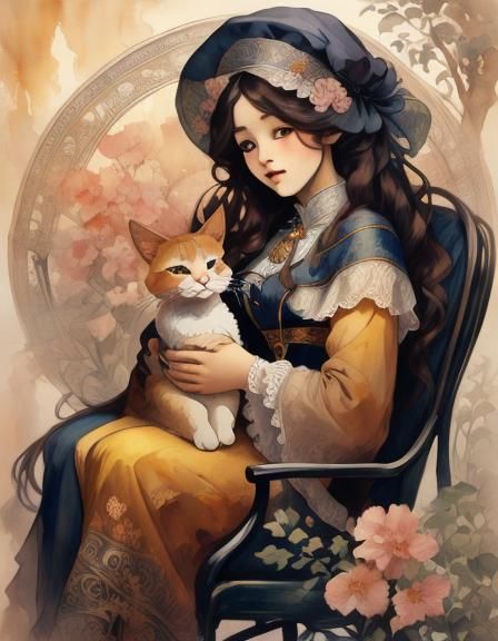 A beautiful woman in the style of <lora:Art Nouveau:1.0>, perfectly drawn face, watercolor art, art nouveau, Alphonse Mucha