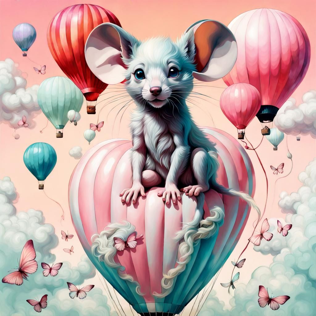 Wolf and mouse, Soft colors pastels Surreal contemporary Hot...