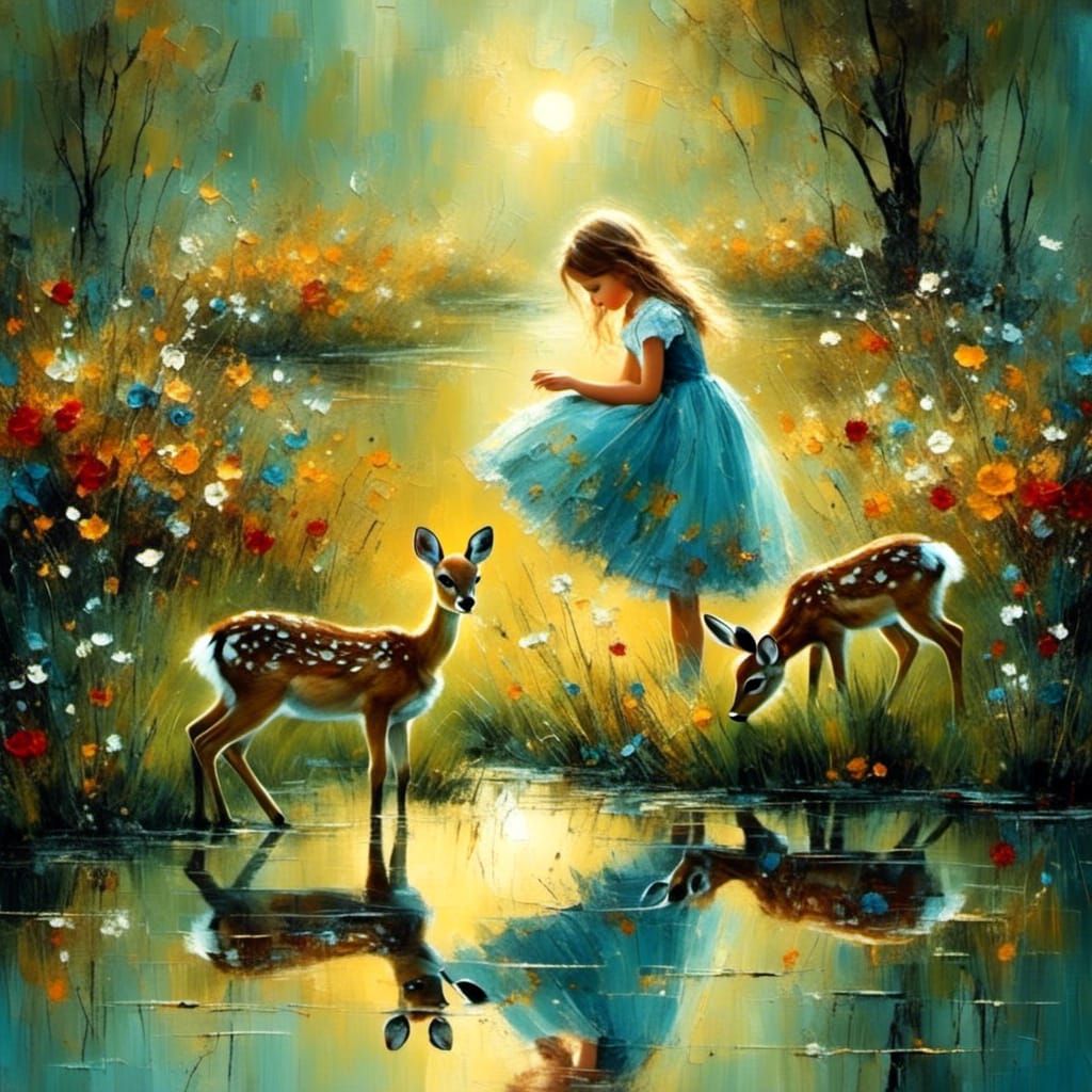 Fawn Feeding with Momma Doe in a Radiant Landscape